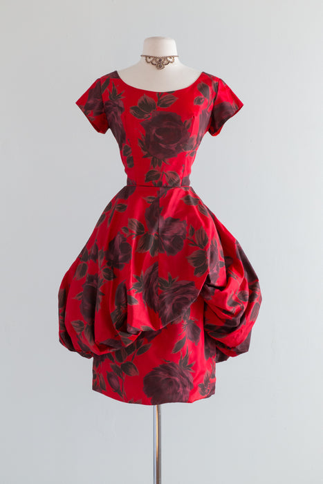 Spectacular 1950's Crimson Rose Print Cocktail Dress / Waist 27
