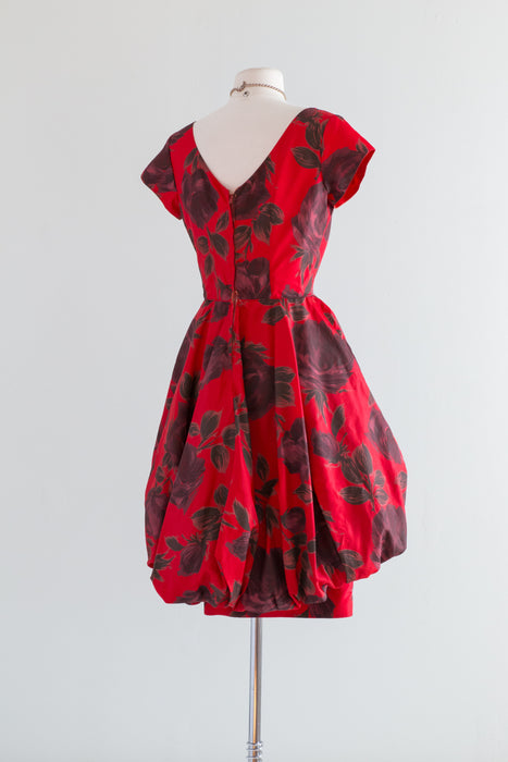 Spectacular 1950's Crimson Rose Print Cocktail Dress / Waist 27