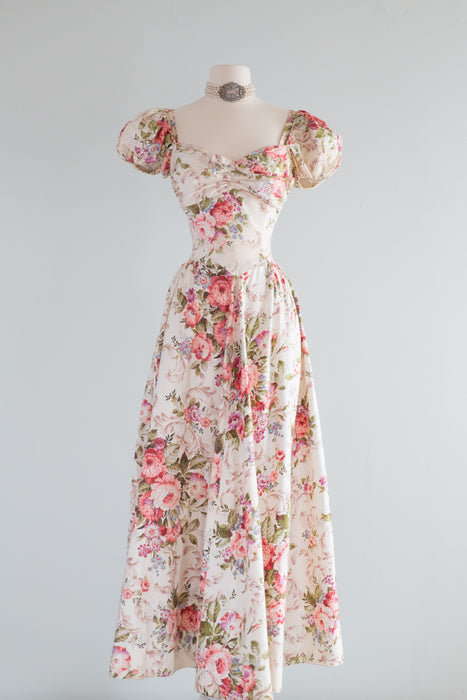 Romantic 1930's Bucolic Floral Print Cotton Maxi Dress By Dansant Originals / Waist 26