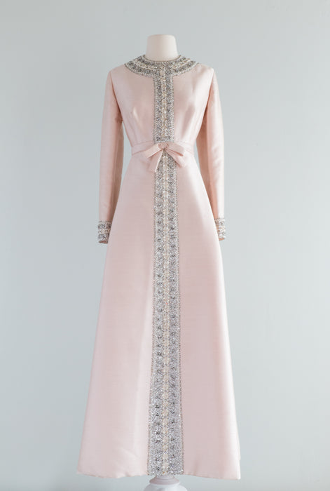 Elegant 1960's Beaded Pale Pink Silk Evening Gown With Sleeves / Large
