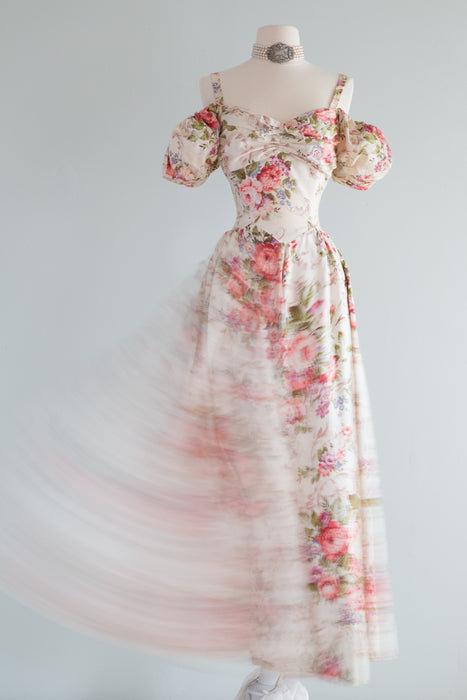 Romantic 1930's Bucolic Floral Print Cotton Maxi Dress By Dansant Originals / Waist 26