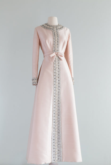 Elegant 1960's Beaded Pale Pink Silk Evening Gown With Sleeves / Large
