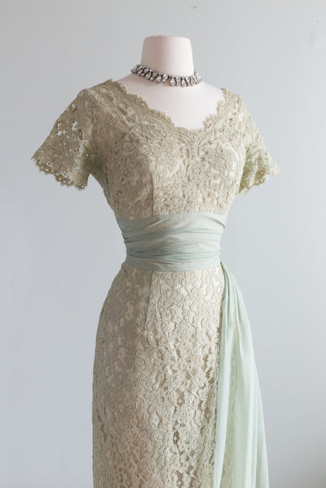 Divine 1950's Pistachio Lace Wiggle Dress With Sash  / Waist 28