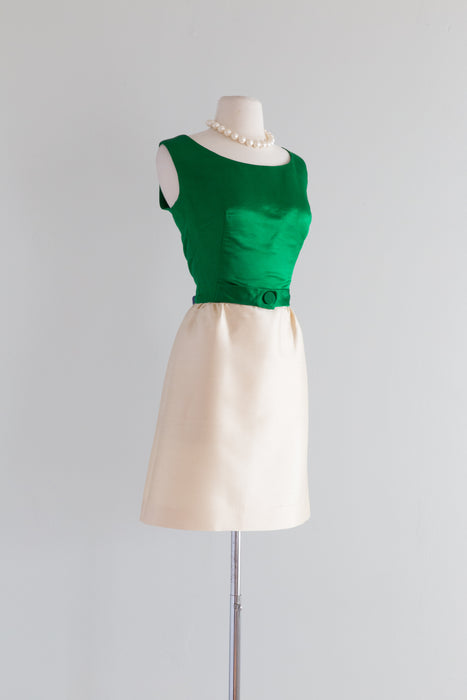 Darling 1960's Kelly Green & Ivory Silk Party Dress / Waist 28