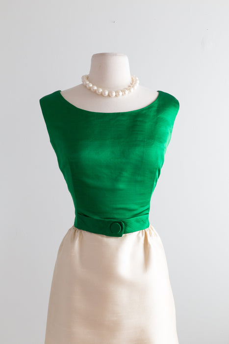 Darling 1960's Kelly Green & Ivory Silk Party Dress / Waist 28