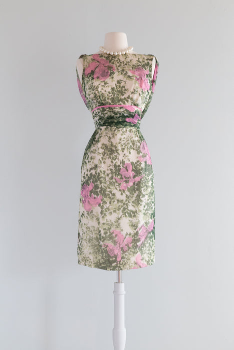 Fabulous Early 1960's Silk Chiffon Floral Print Cocktail Dress With Hood / Waist 24