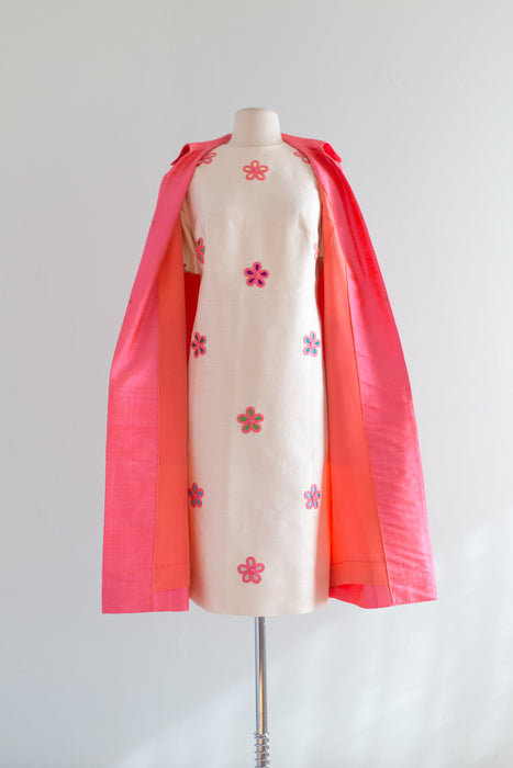 Darling 1960's SILK Two Piece HOT Pink Coat and Dress Set / ML