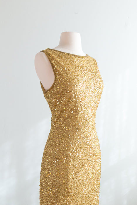Old Hollywood Inspired Golden Beaded Silk Bias Cut Beaded Evening Gown /ML
