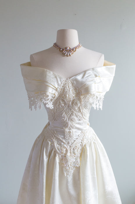 Vintage 1980's Candlelight Satin Fairytale Wedding Gown By Jessica McClintock / Waist 28"