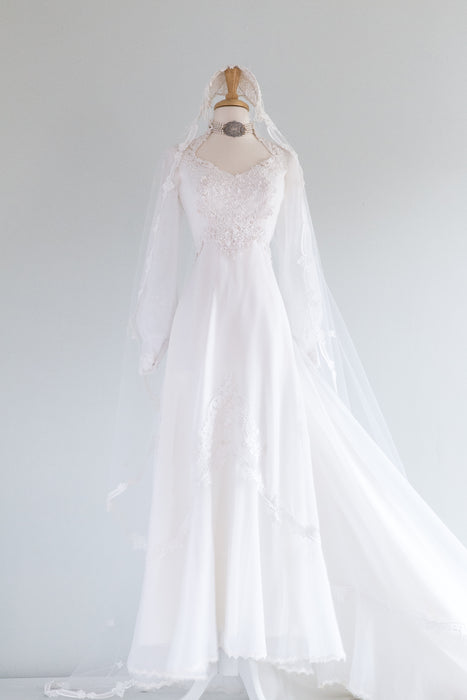 Dreamy 1970s Fairytale Wedding Gown With Original Veil and Long Train Xtabay Vintage Dreamy 1970s Fairytale Wedding Gown With Original Veil and Long Train Xtabay Vintage
