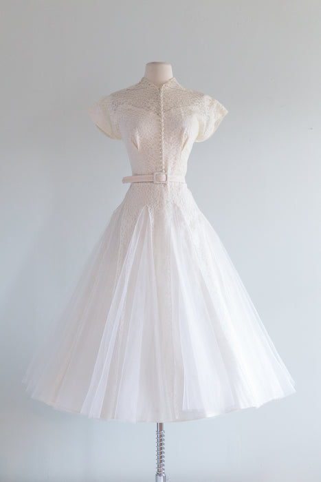 Classic 1950's Tea Length Lace Wedding Dress / Waist 28