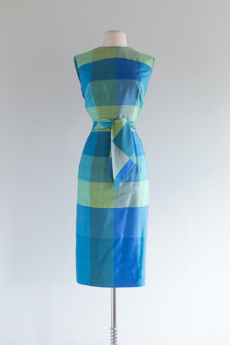 Vintage Late 1950's Blue & Green Silk Plaid Wiggle Dress / Waist 30