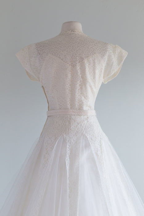 Classic 1950's Tea Length Lace Wedding Dress / Waist 28