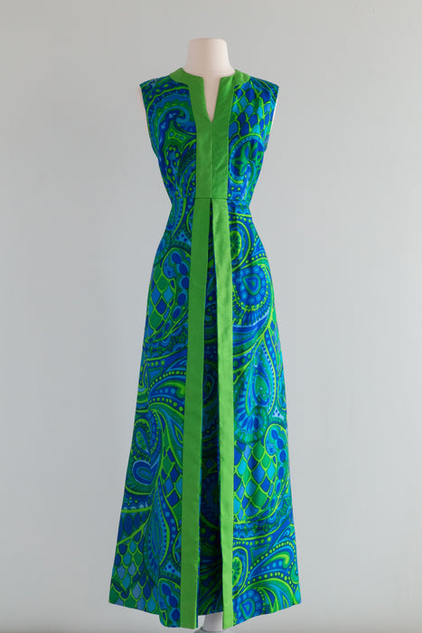 Fabulous 1960's Blue & Green Silk Peacock Maxi Dress / ML