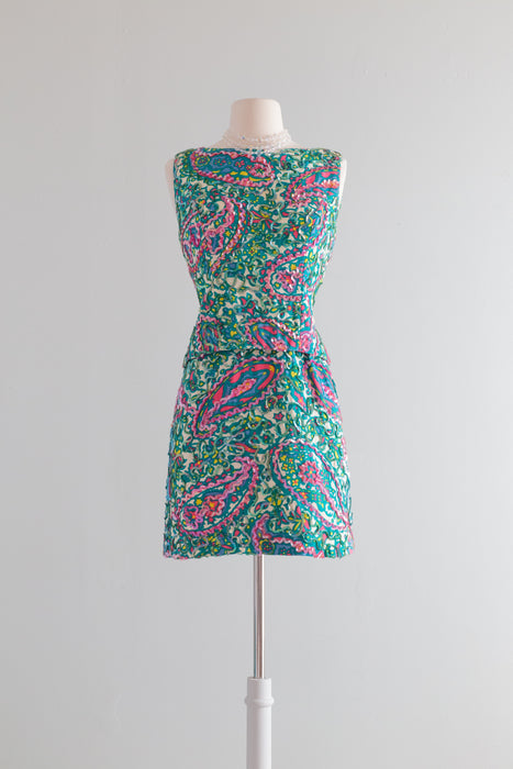 Vintage 1960's Sequined Paisley Print Two Piece Shift Dress / Petite Medium