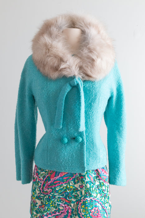 Fabulous 1960's Turquoise Wool Boucle Jacket With Fur Collar /  Small