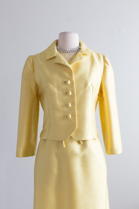 Elegant Early 1960's Lemon Silk Cocktail Dress & Jacket / Waist 28
