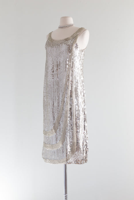Vintage 1920's Style MIRROR BALL Silk Silver Sequin Flapper Dress / SM