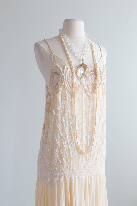 Luminous 1920's Style Ivory Blush Silk Flapper Dress With Peacock Motif / SM
