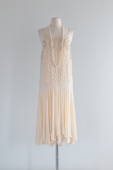 Luminous 1920's Style Ivory Blush Silk Flapper Dress With Peacock Motif / SM