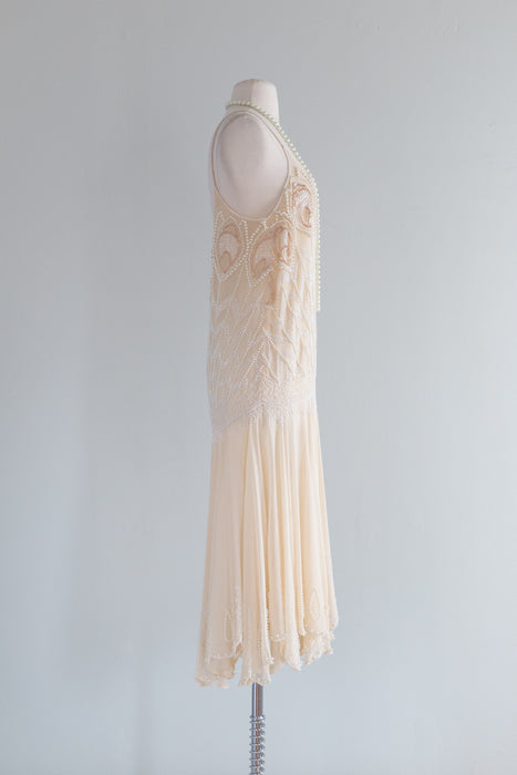 Luminous 1920's Style Ivory Blush Silk Flapper Dress With Peacock Motif / SM