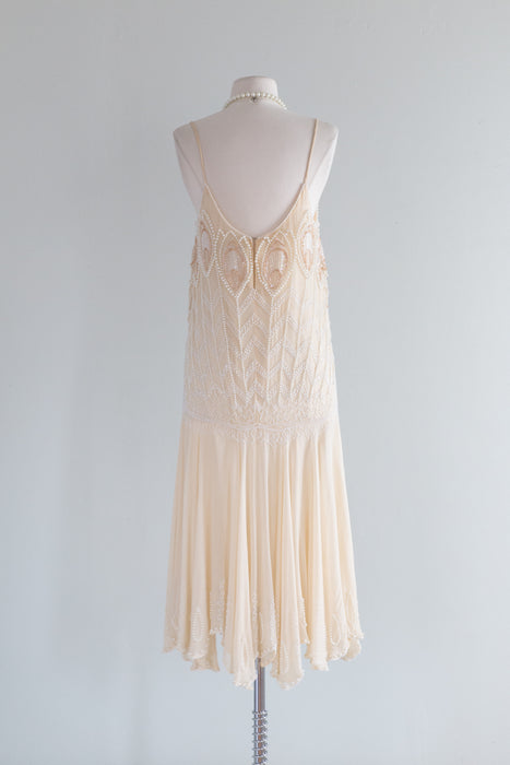 Luminous 1920's Style Ivory Blush Silk Flapper Dress With Peacock Motif / SM