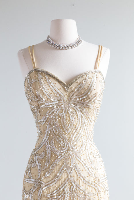 Vintage Art Deco Inspired Beaded Gold Silk Evening Gown / Medium