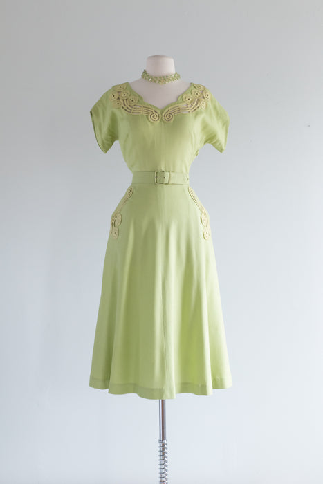 Late 1940's Chartreuse Green Rayon Dress By Ellen Kaye / Medium