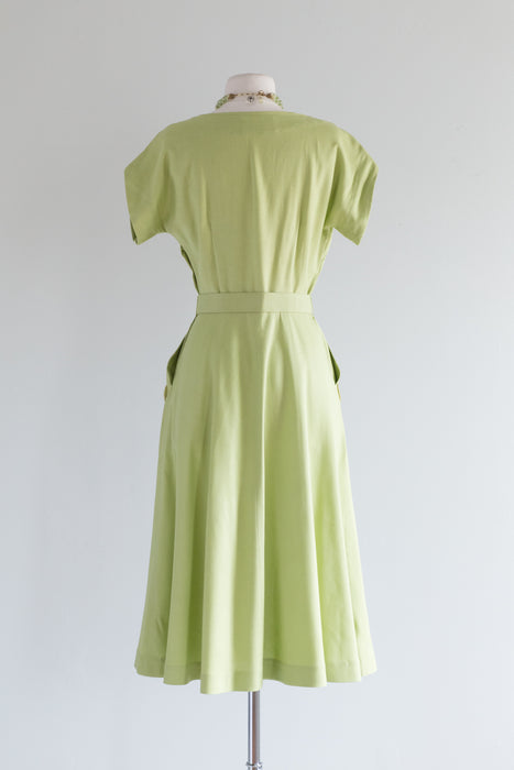 Late 1940's Chartreuse Green Rayon Dress By Ellen Kaye / Medium