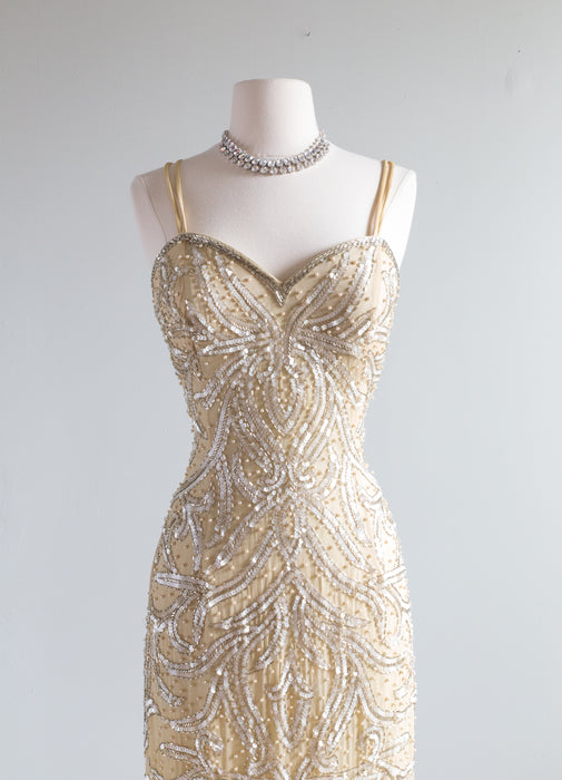 Vintage Art Deco Inspired Beaded Gold Silk Evening Gown / Medium