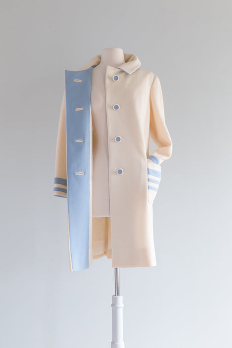 Darling 1960's Mod Ivory & Blue Wool Knit Coat By Capriel / Large