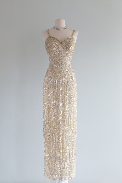 Vintage Art Deco Inspired Beaded Gold Silk Evening Gown / Medium