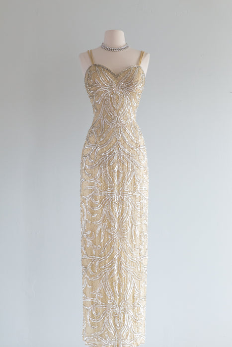 Vintage Art Deco Inspired Beaded Gold Silk Evening Gown / Medium