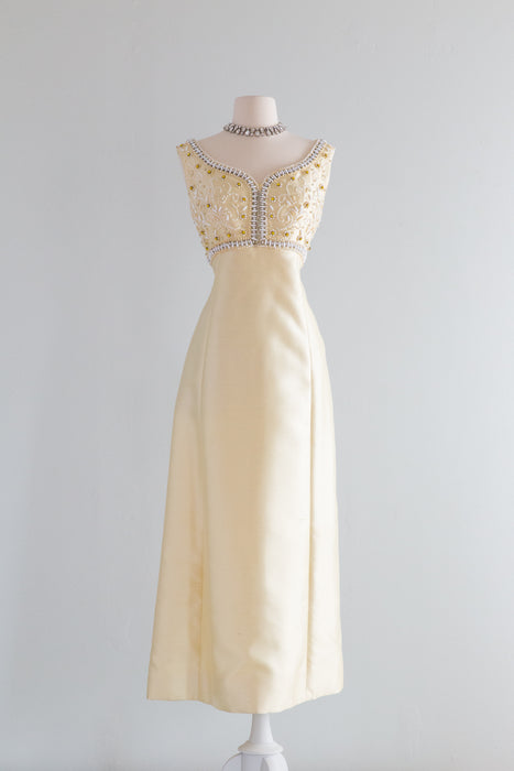 Elegant 1960's Beaded Pale Yellow Beaded Evening Gown / Med.