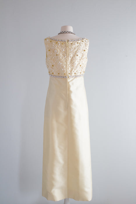Elegant 1960's Beaded Pale Yellow Beaded Evening Gown / Med.