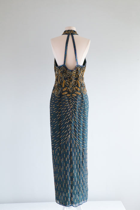 Vintage 1980's Emerald Beaded Silk Evening Gown / Size 10-12