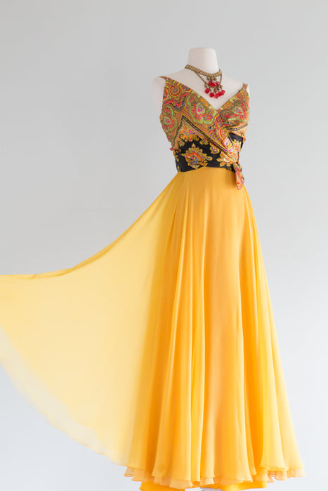 Fabulous 1960's Marigold Silk Chiffon Evening Gown By Bob Bugnand / Small