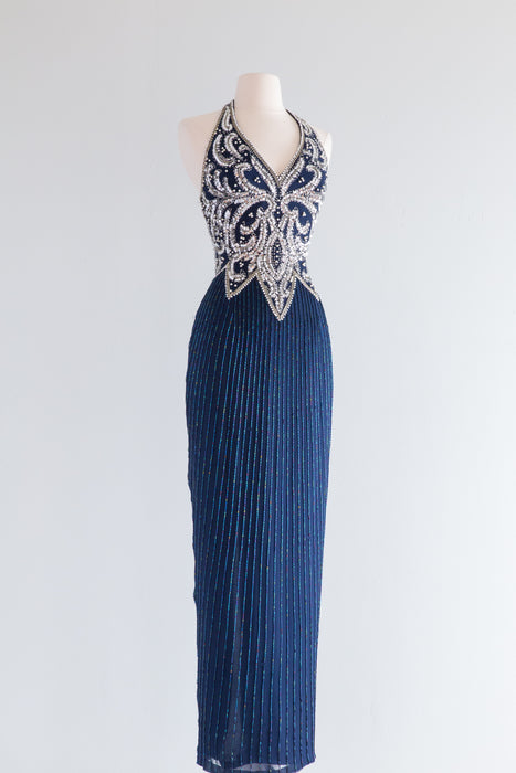 Vintage 1980's Sapphire Blue Beaded Bombshell Evening Gown NOS / Size Medium