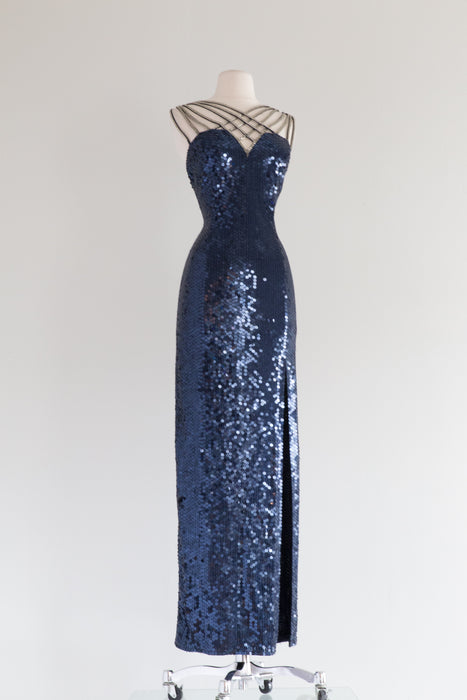 Vintage 1980's BLUE STEEL Sequin Bombshell Evening Gown / Size large