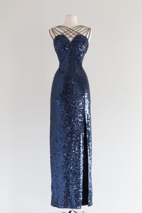 Vintage 1980's BLUE STEEL Sequin Bombshell Evening Gown / Size large