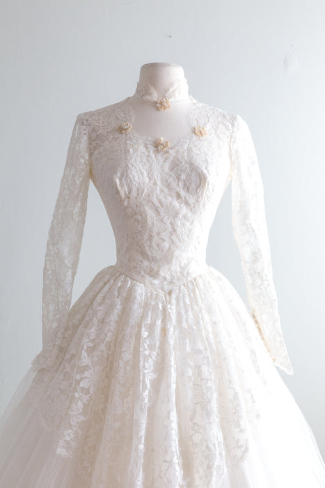 Classic 1950's Tea Length Lace Wedding Dress With Lucky Clovers / Small