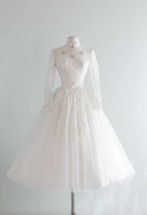 Classic 1950's Tea Length Lace Wedding Dress With Lucky Clovers / Small