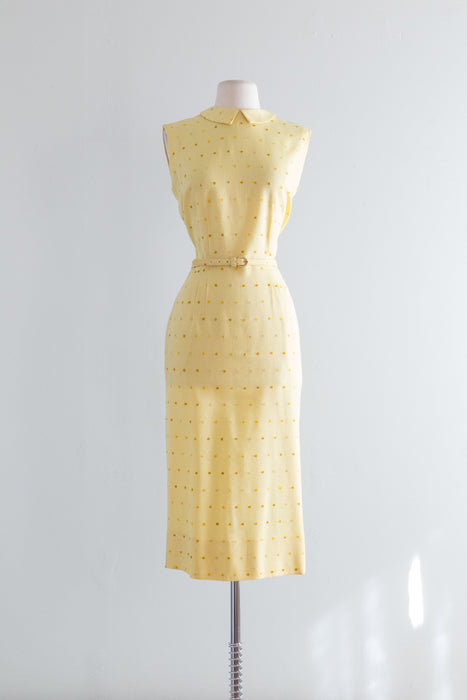 Fabulous 1950's Yellow Polka Dot Linen Wiggle Dress / Waist 29