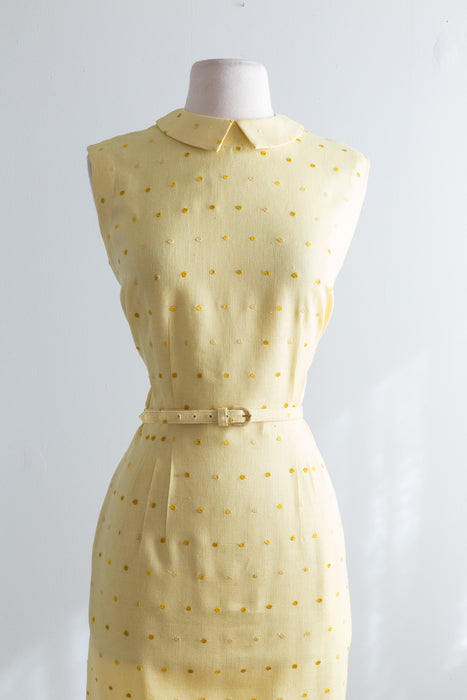 Fabulous 1950's Yellow Polka Dot Linen Wiggle Dress / Waist 29