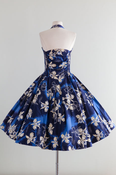 Brilliant Blue 1950's Cotton Hawaiian Dress by Kiilani With Full Skirt / Waist 28