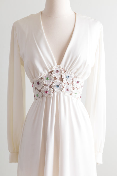 1970's White Maxi Dress With Floral Illusion Waist and Rhinestones / Medium