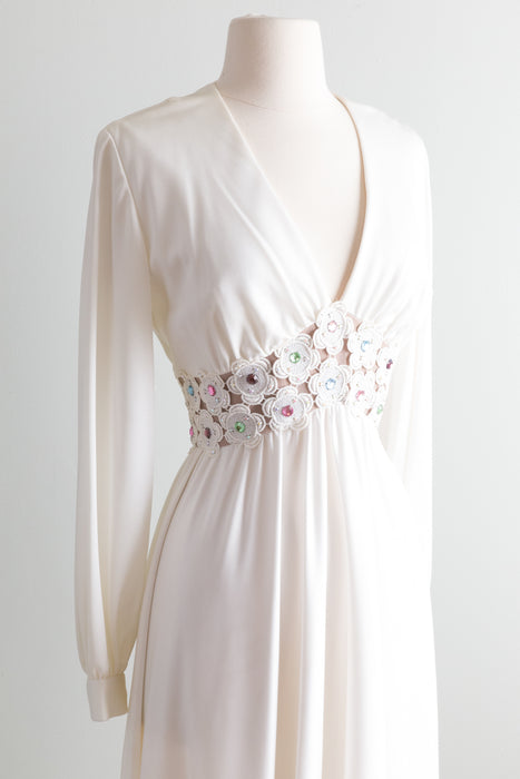 1970's White Maxi Dress With Floral Illusion Waist and Rhinestones / Medium