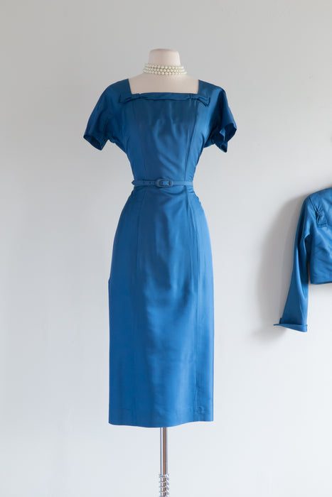 Cerulean Blue 1950's Wiggle Dress and Jacket By Abe Schrader / Waist 30
