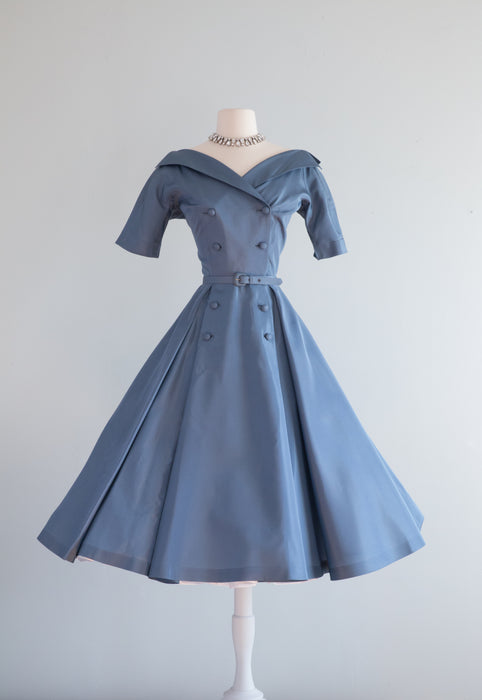 1950's French Blue Taffeta Cocktail Dress By Marjorie Montgomery / Waist 26