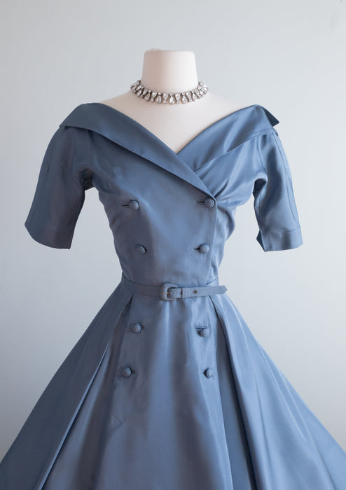 1950's French Blue Taffeta Cocktail Dress By Marjorie Montgomery / Waist 26